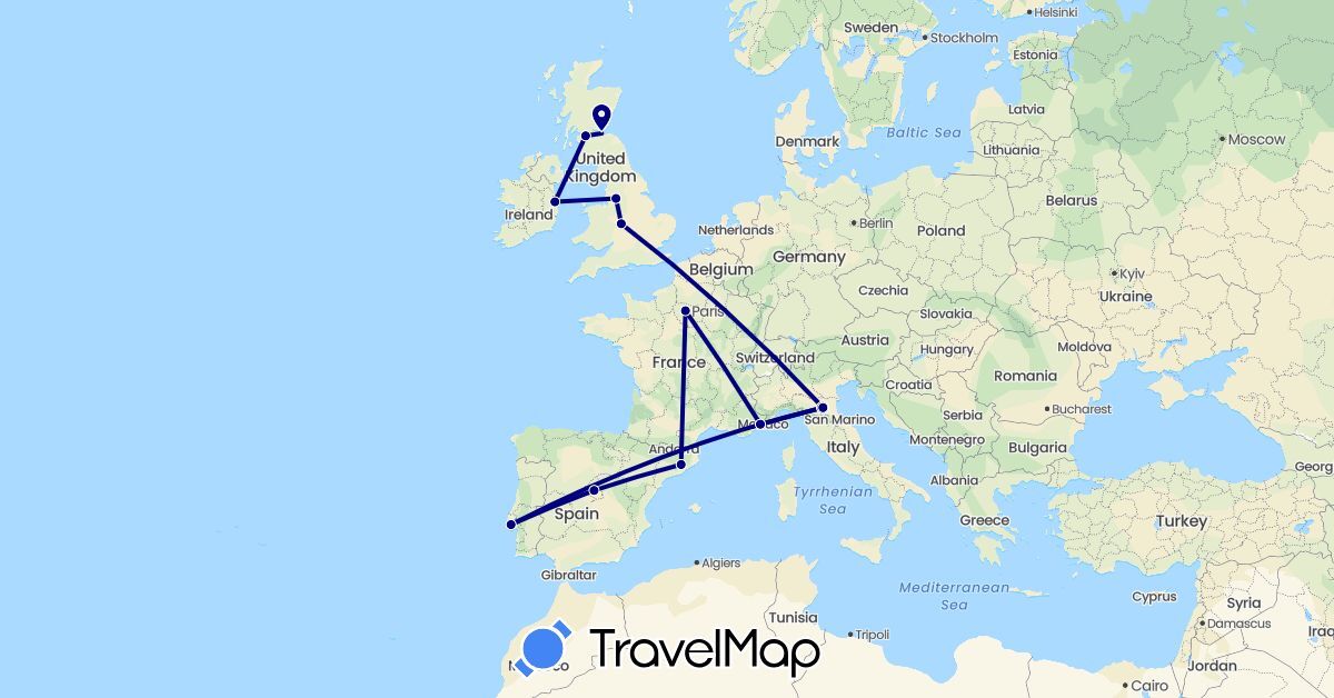 TravelMap itinerary: driving in Spain, France, United Kingdom, Ireland, Italy, Portugal (Europe)